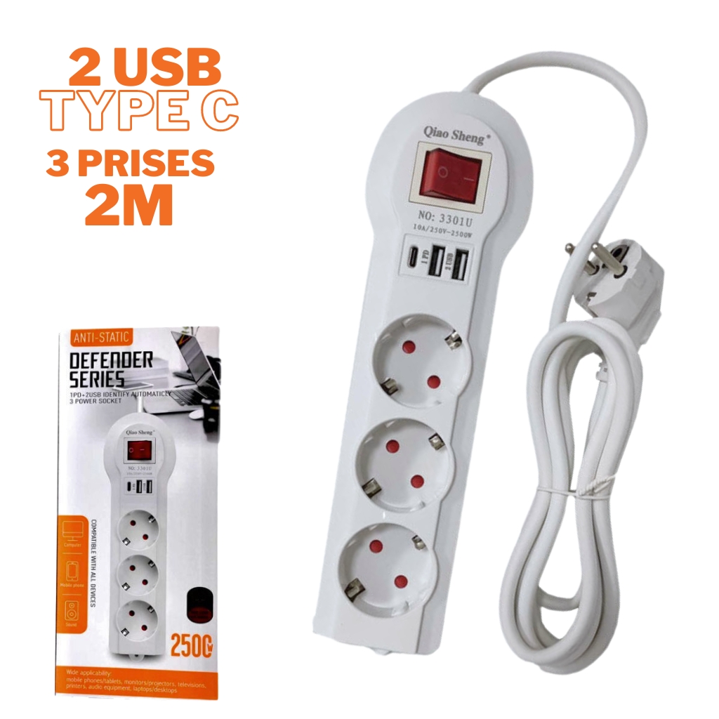 Multiprise intelligente 3 prises de terre avec 2 USB + 1 Type-C, modèle 3301U (Gamme Anti-Static Defender Series).